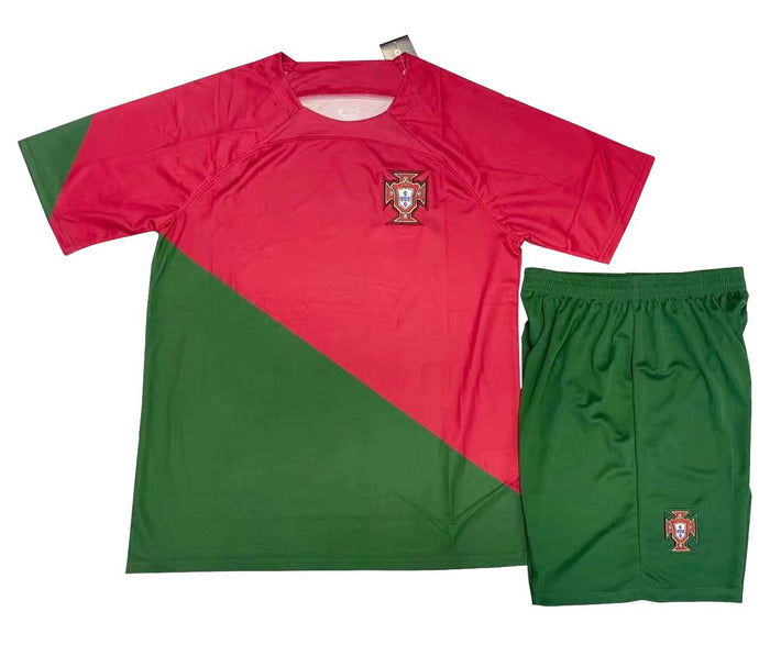 Fan Kitbag Portugal Style Kids Soccer Kit Jersey Youth Sizes (Red/Green Home SS)